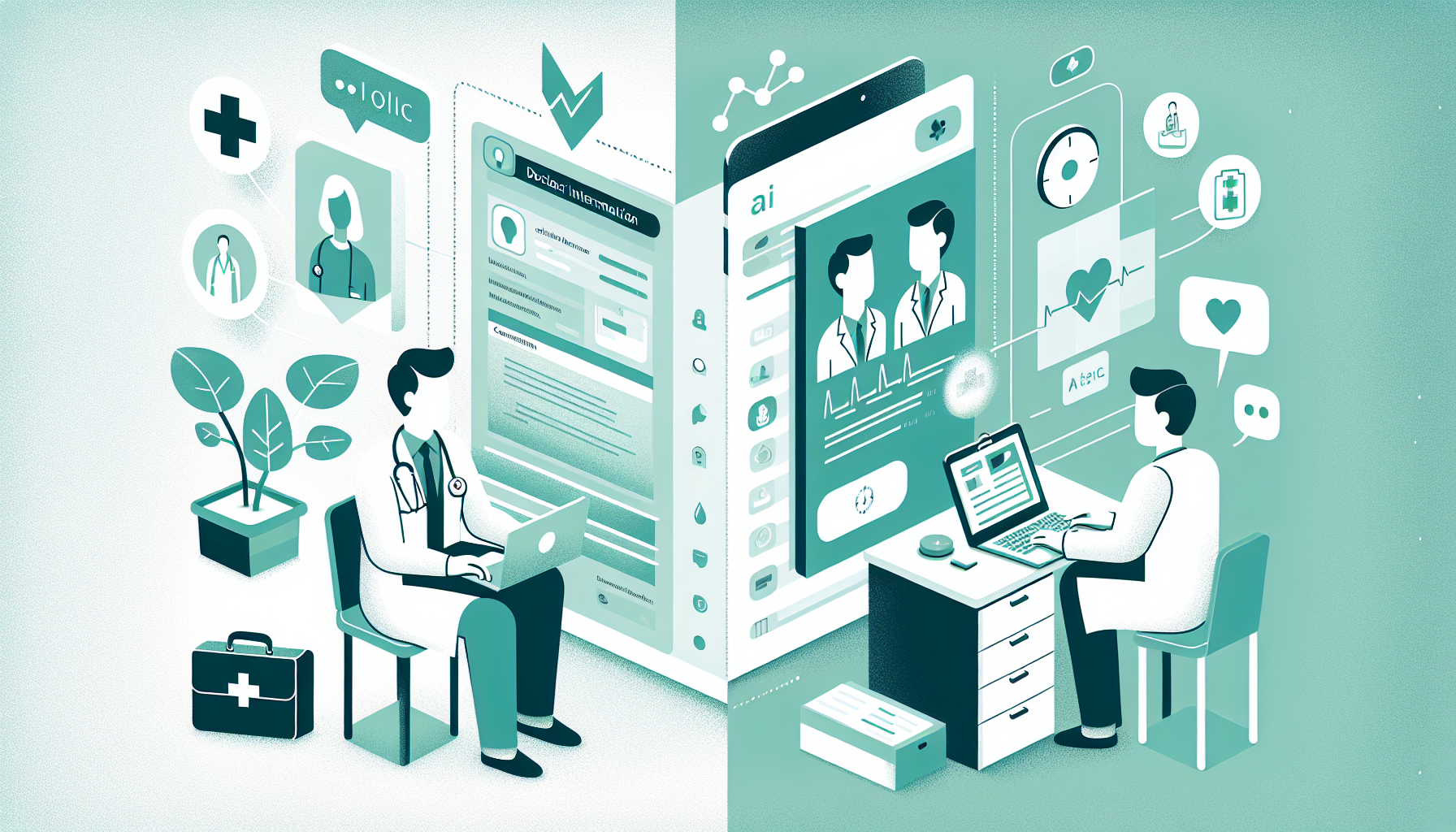 医師がカルテ入力に追われている様子と、AI支援により効率化された診察風景の対比