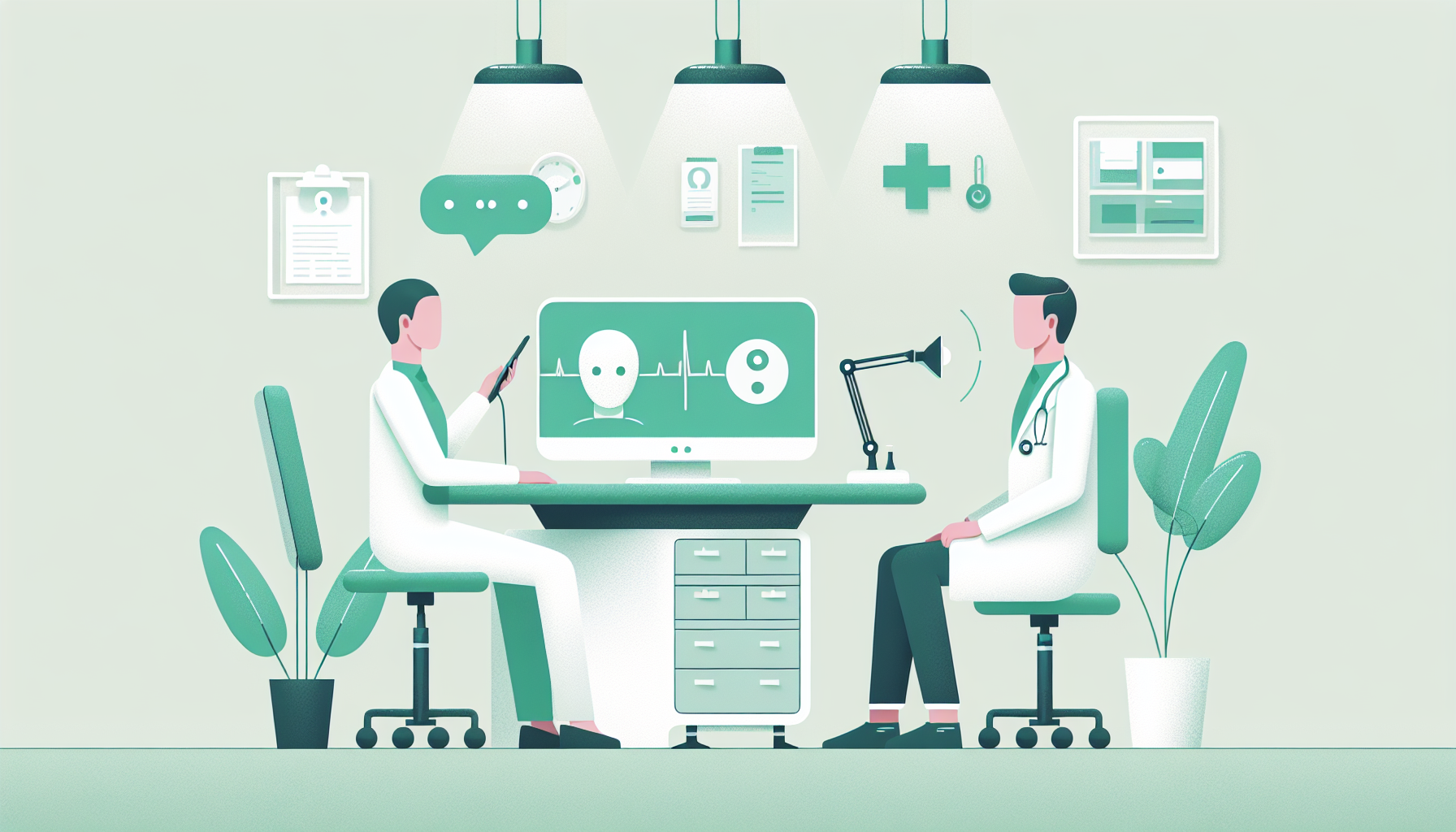 診察室でAI音声入力システムを使用している医師と患者