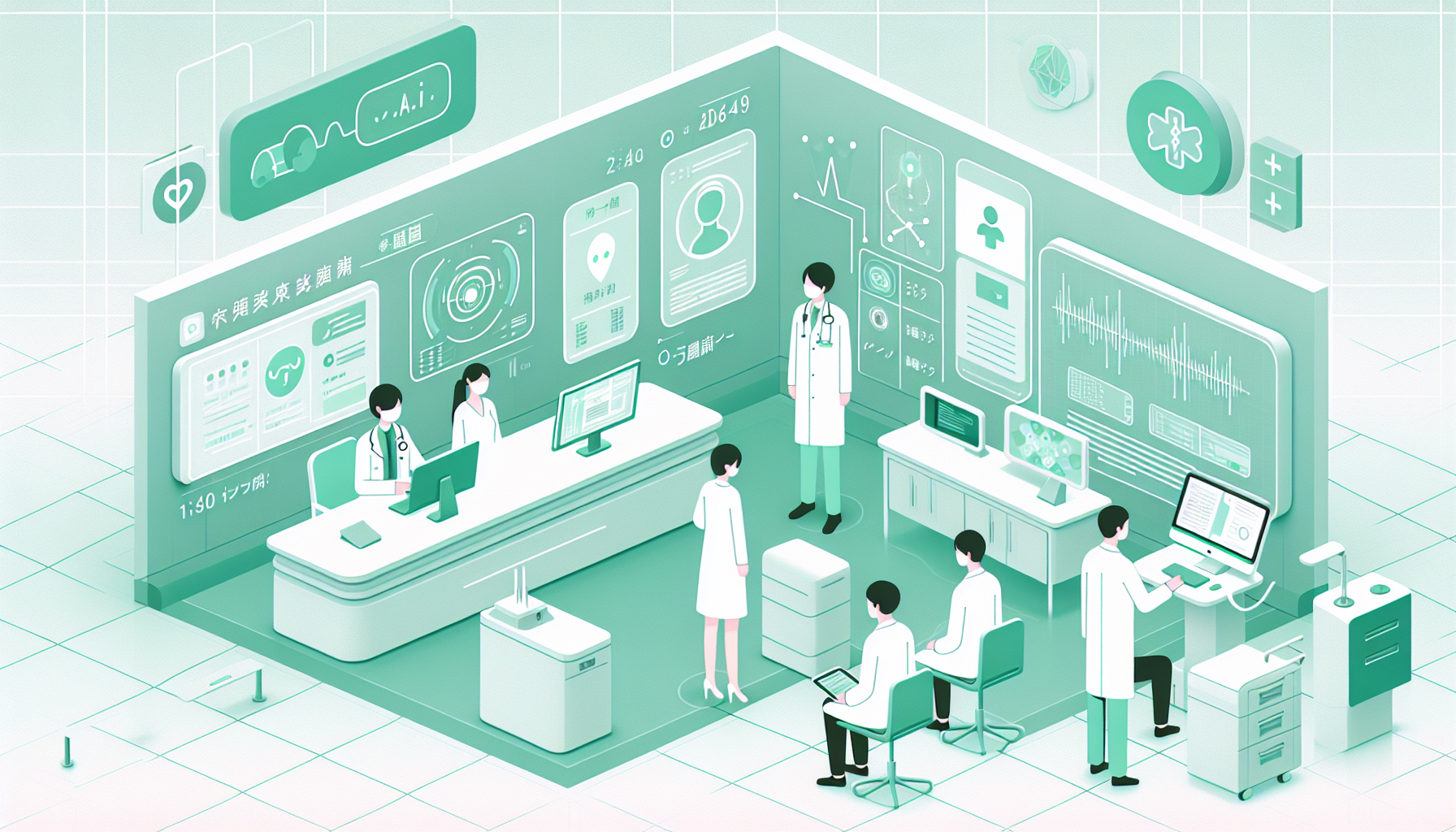 未来のクリニックでAI技術と協働する医師のイメージ