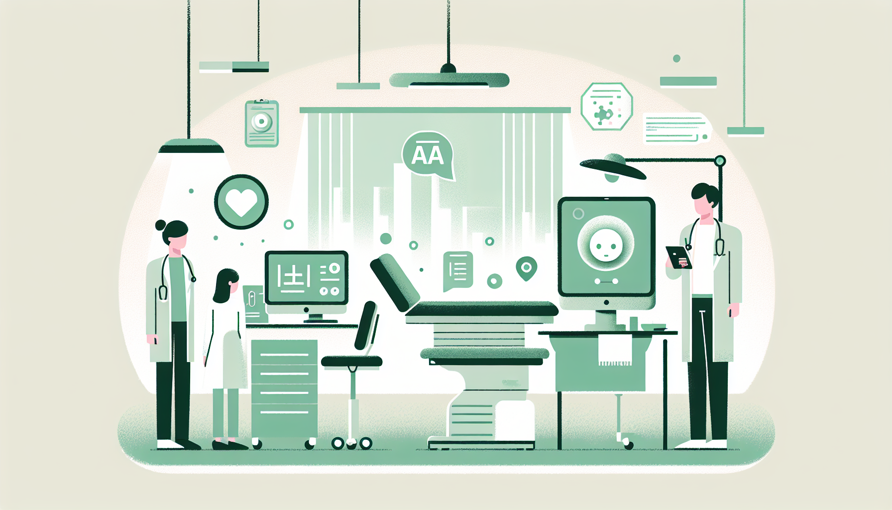 AI技術を活用した診察室の様子、タブレットやスマートフォンが置かれている