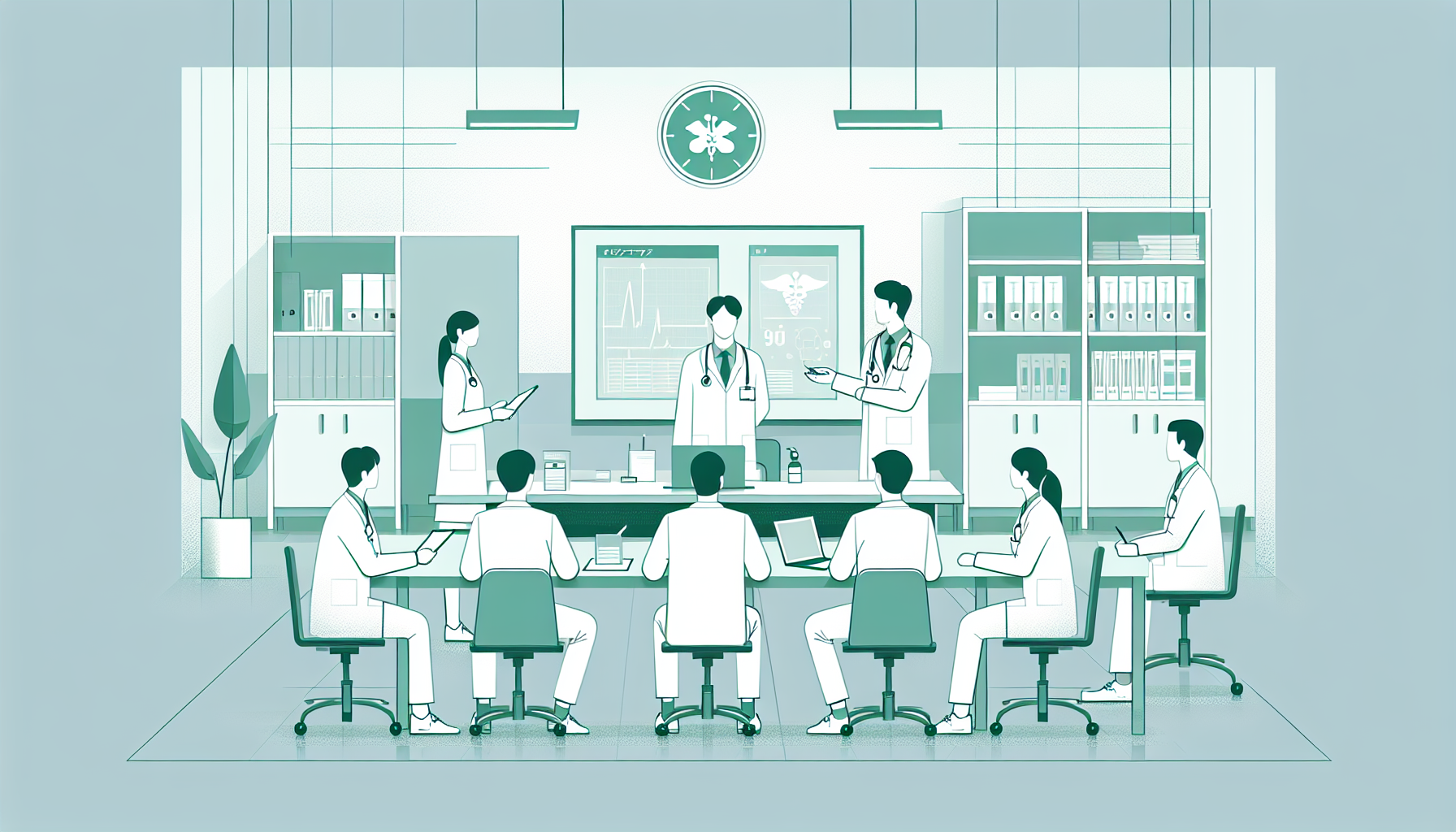 医療機関のスタッフがAIシステムの導入について会議している様子