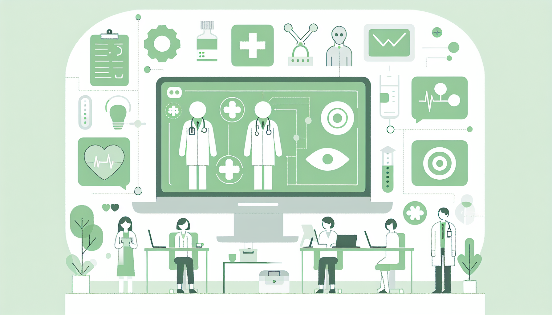 未来の医療現場のイメージ、AIと医療従事者が協働している様子