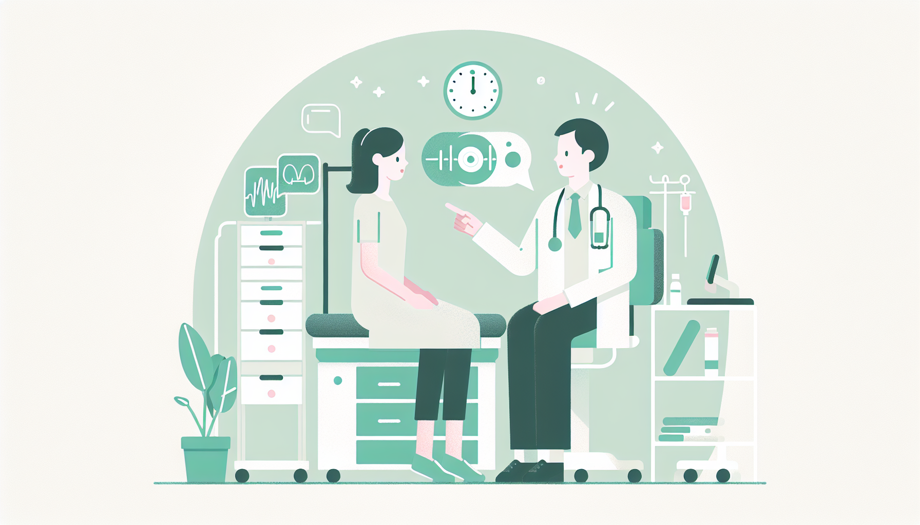 診察室で医師と患者が会話している様子とAIが音声を認識している概念図