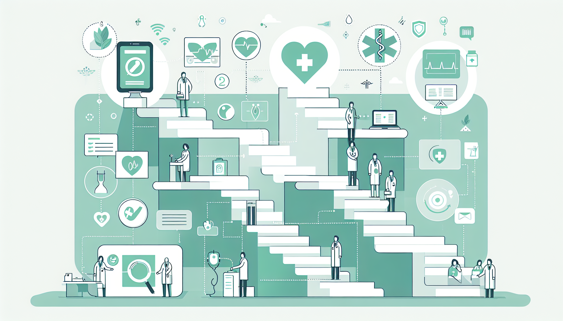 ステップ図やフローチャートで医療DX推進プロセスを示すイメージ