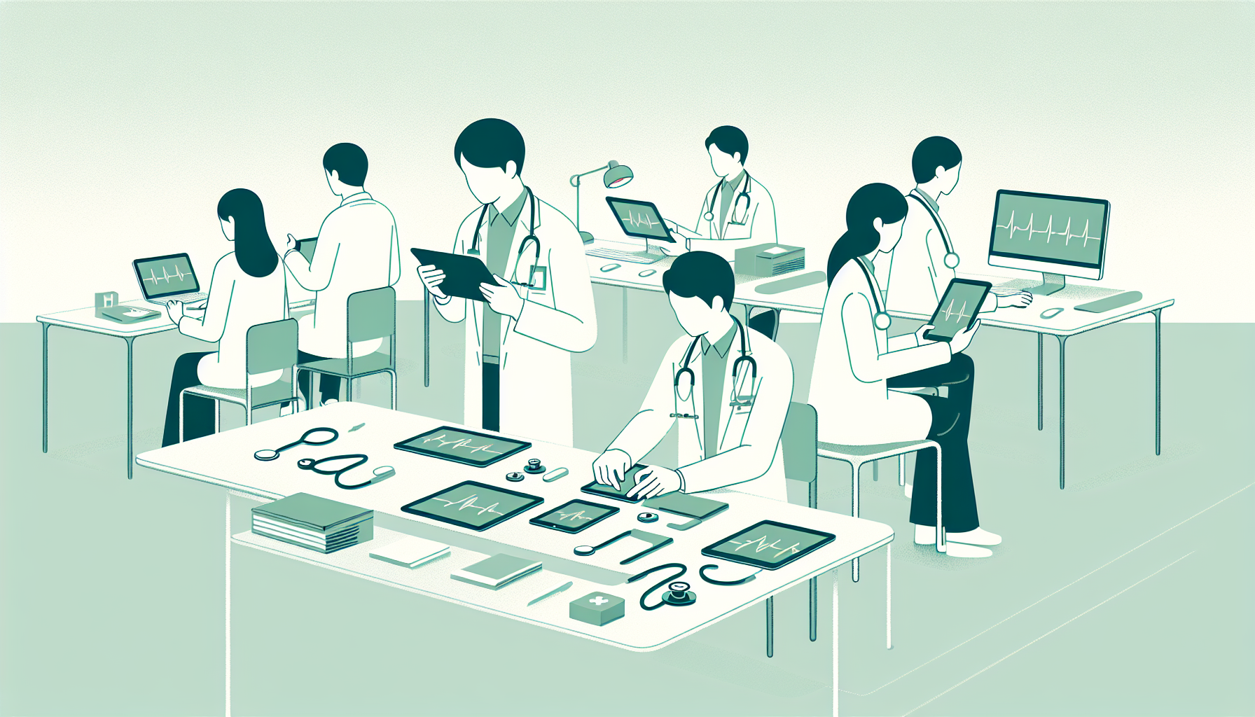 医療現場でタブレットやPCを使用する医師の様子