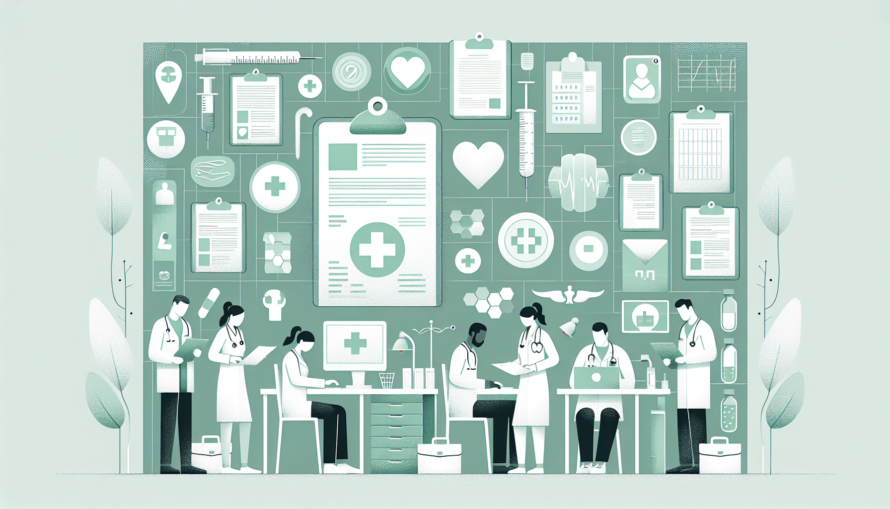 忙しい医療現場で書類作業をする医療スタッフの様子