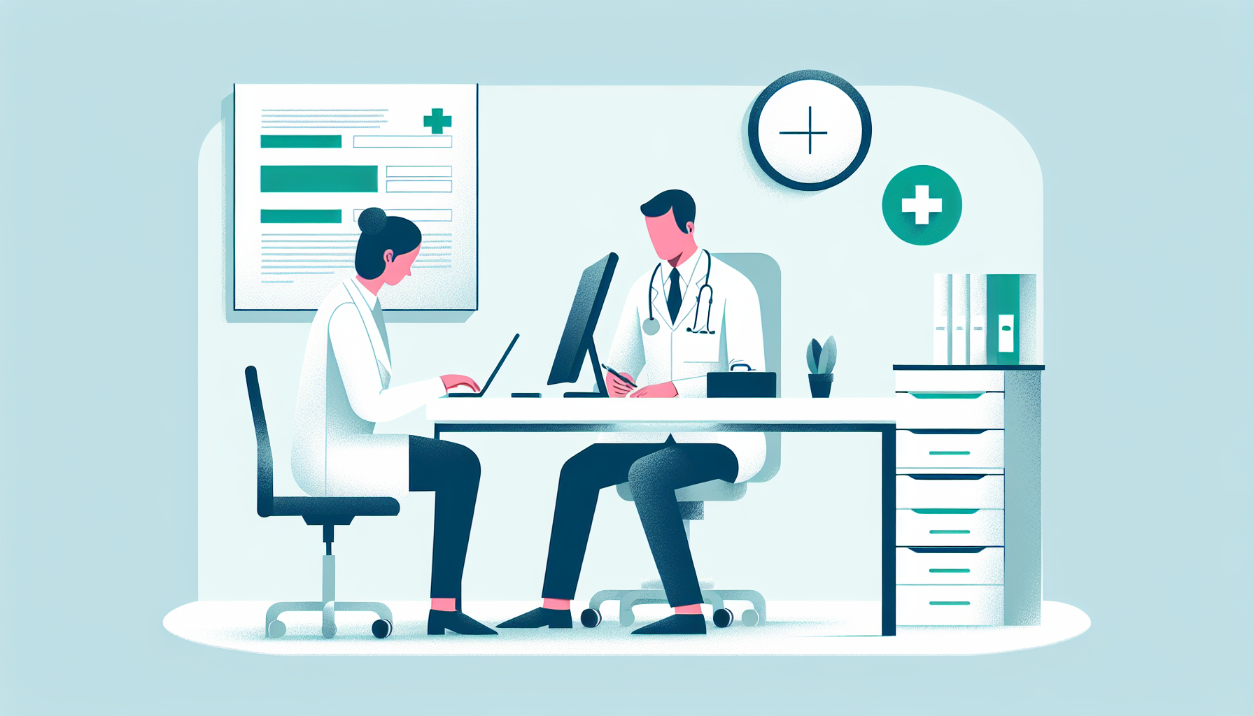 医療クラークが診察室でカルテ入力をしている様子