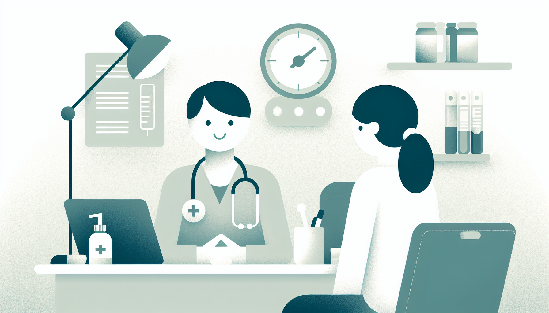 笑顔の医師と患者が向かい合って話している診察室の風景