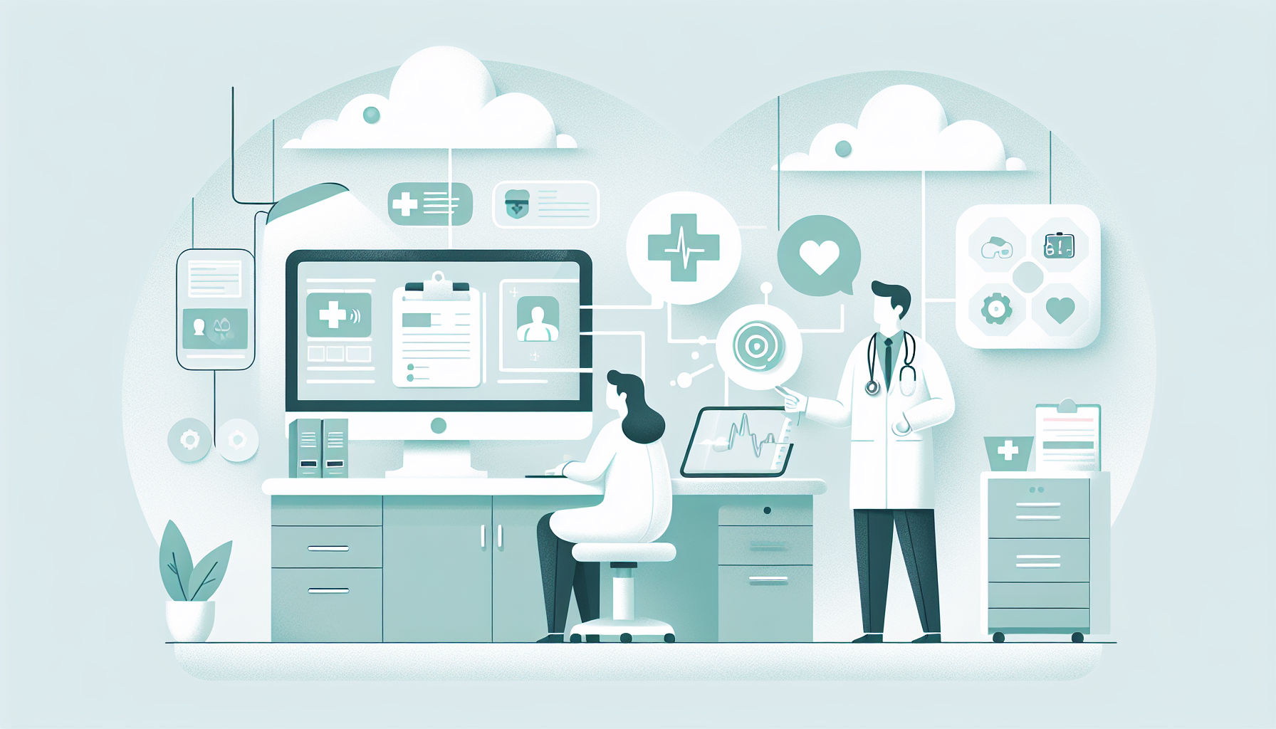 スマクラークを使用している診察室の様子、音声を自動でカルテ化している画面