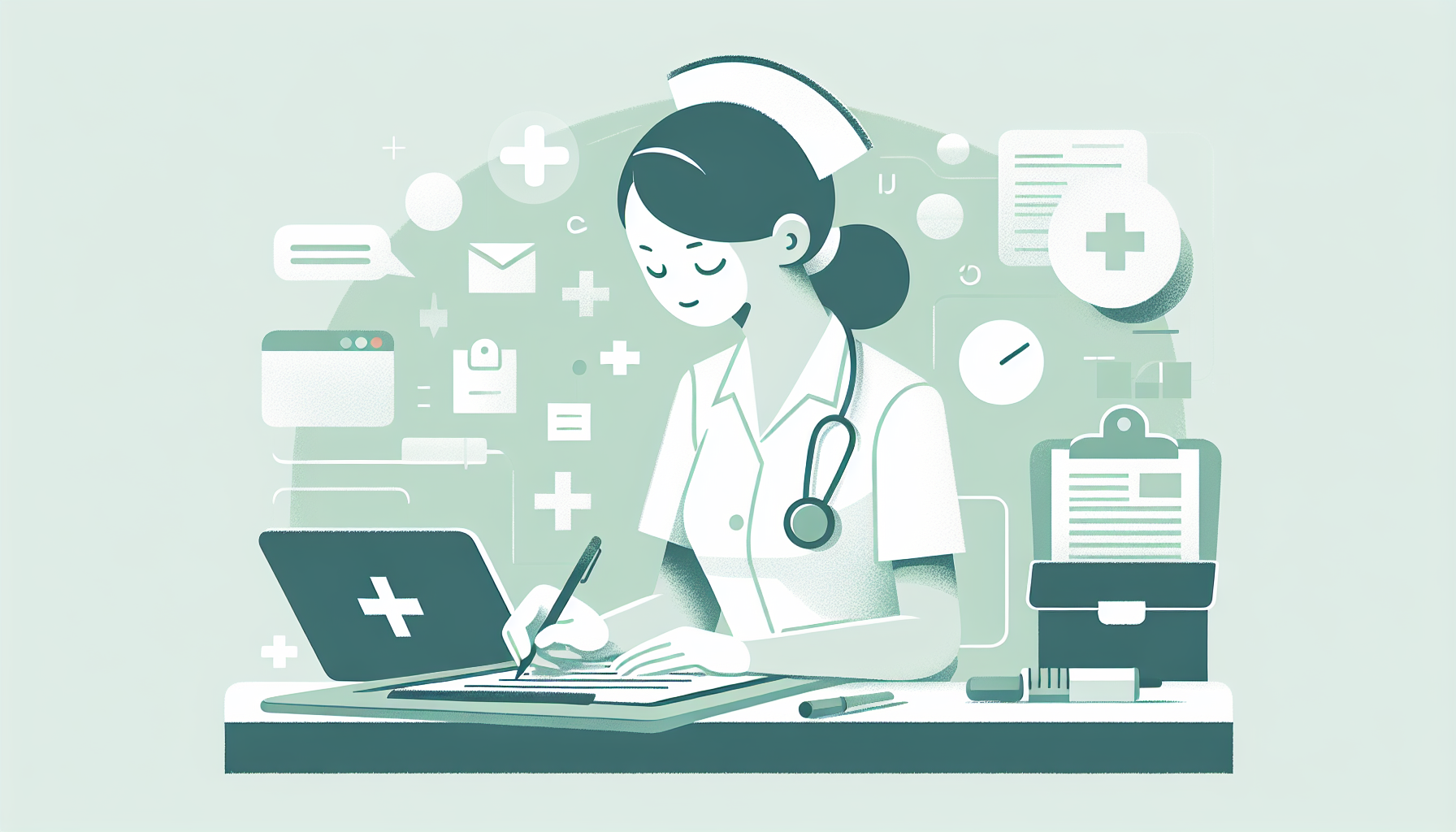 忙しく記録作業をする看護師の様子