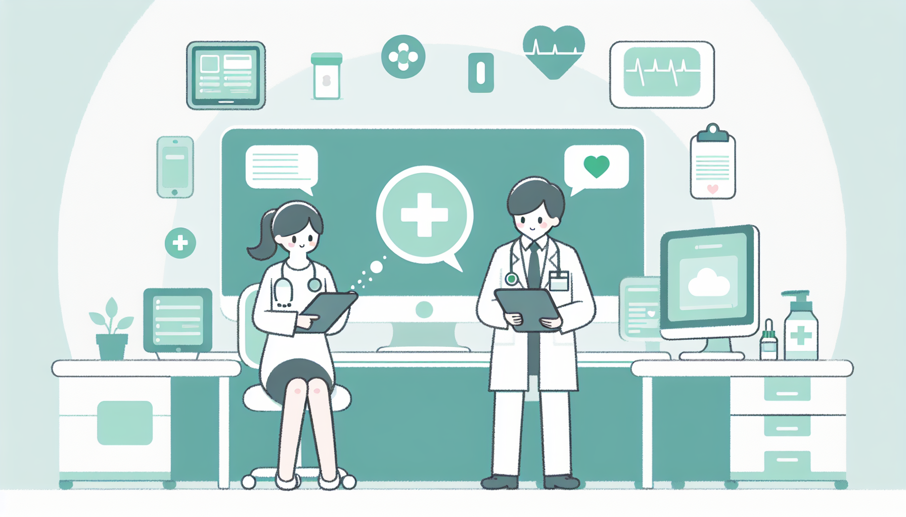 医療現場でタブレットやパソコンを使用する医師と看護師の様子