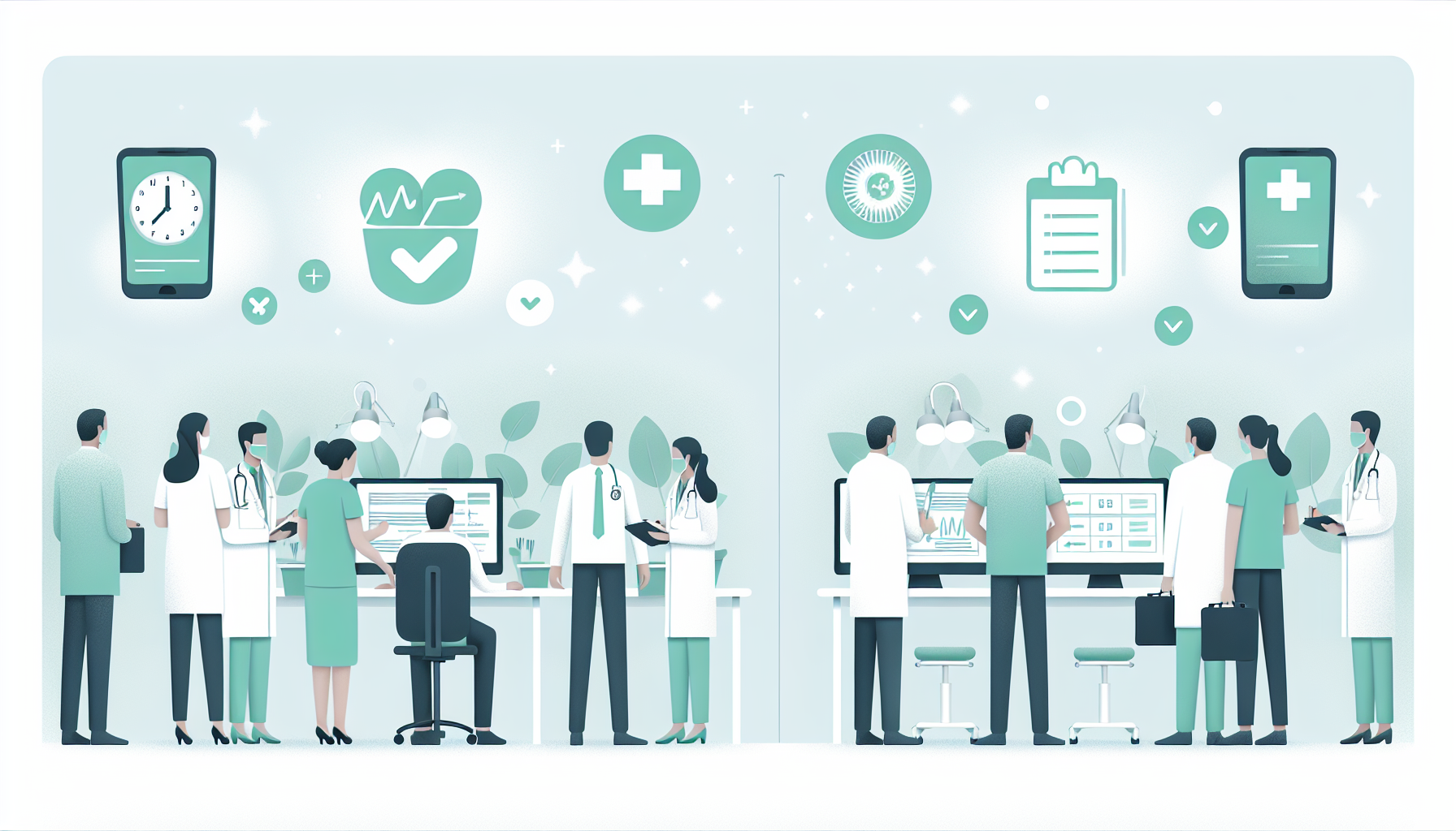 システム導入前後の業務効率比較グラフや、医療スタッフが新しいシステムを活用している様子