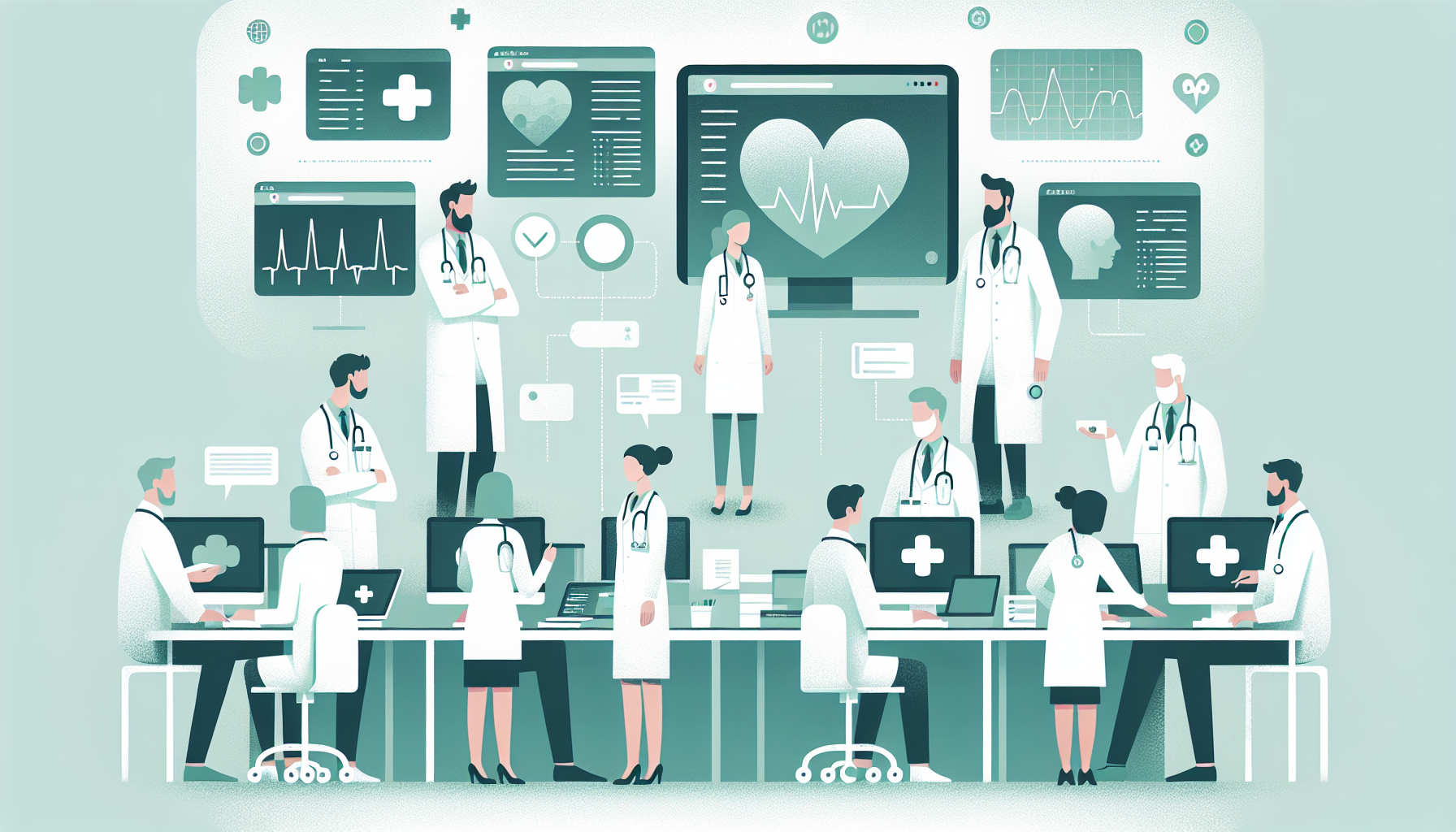 医師が複数の電子カルテ画面を見比べて検討している様子