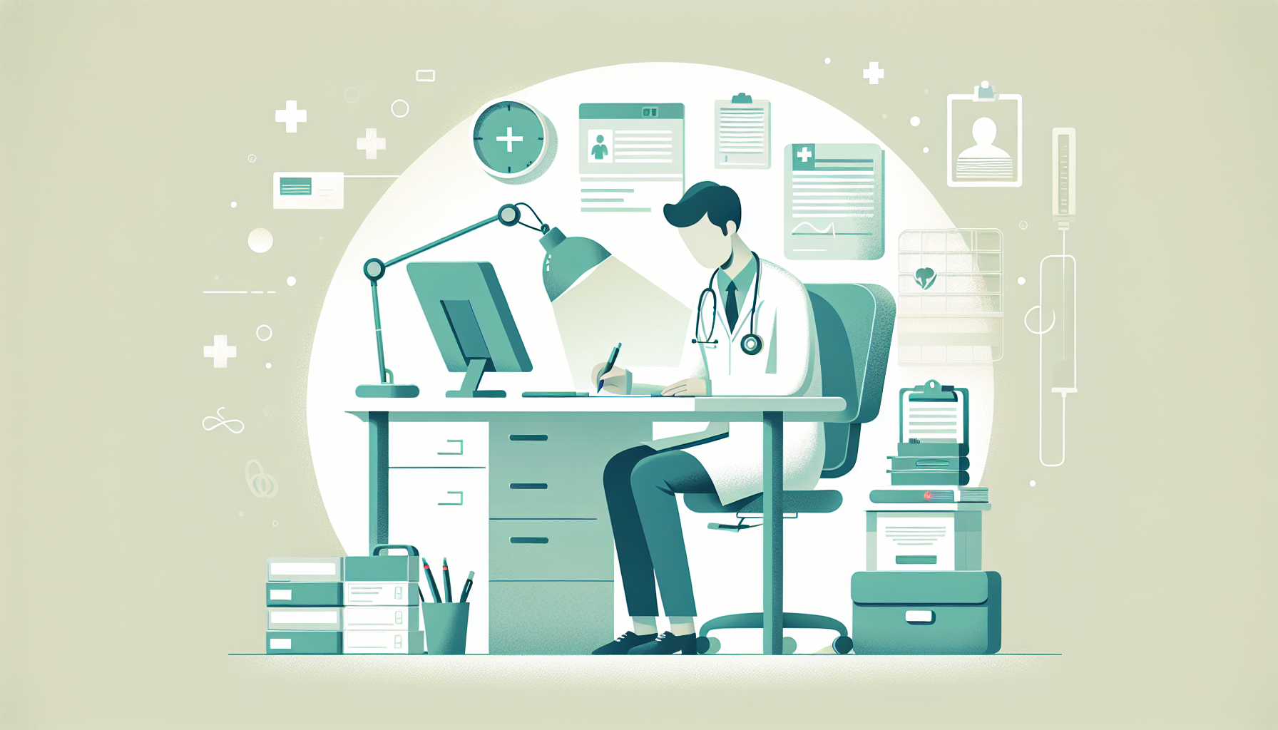 深夜まで残ってカルテを記入する開業医の様子