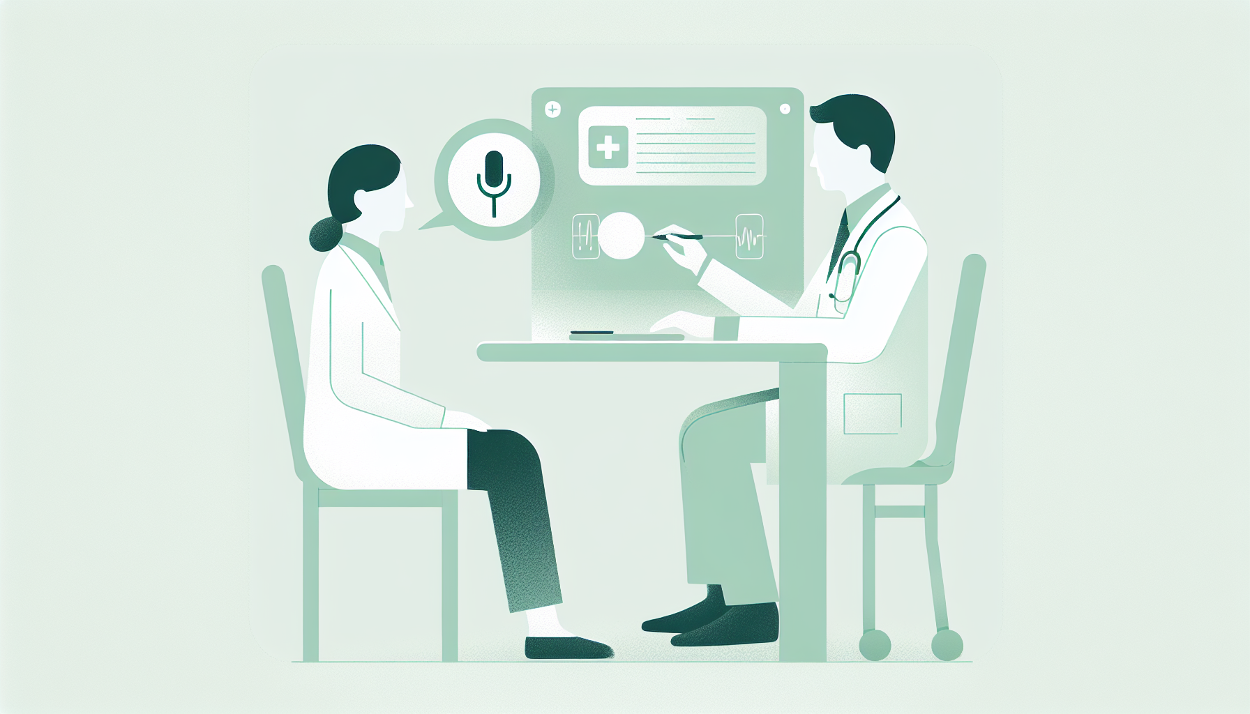医師が患者と向き合いながら音声入力でカルテを作成している様子