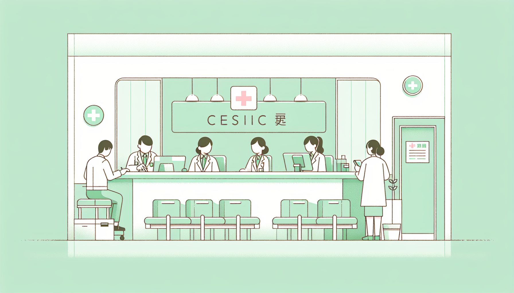 クリニックの受付でスタッフが忙しく働いている様子