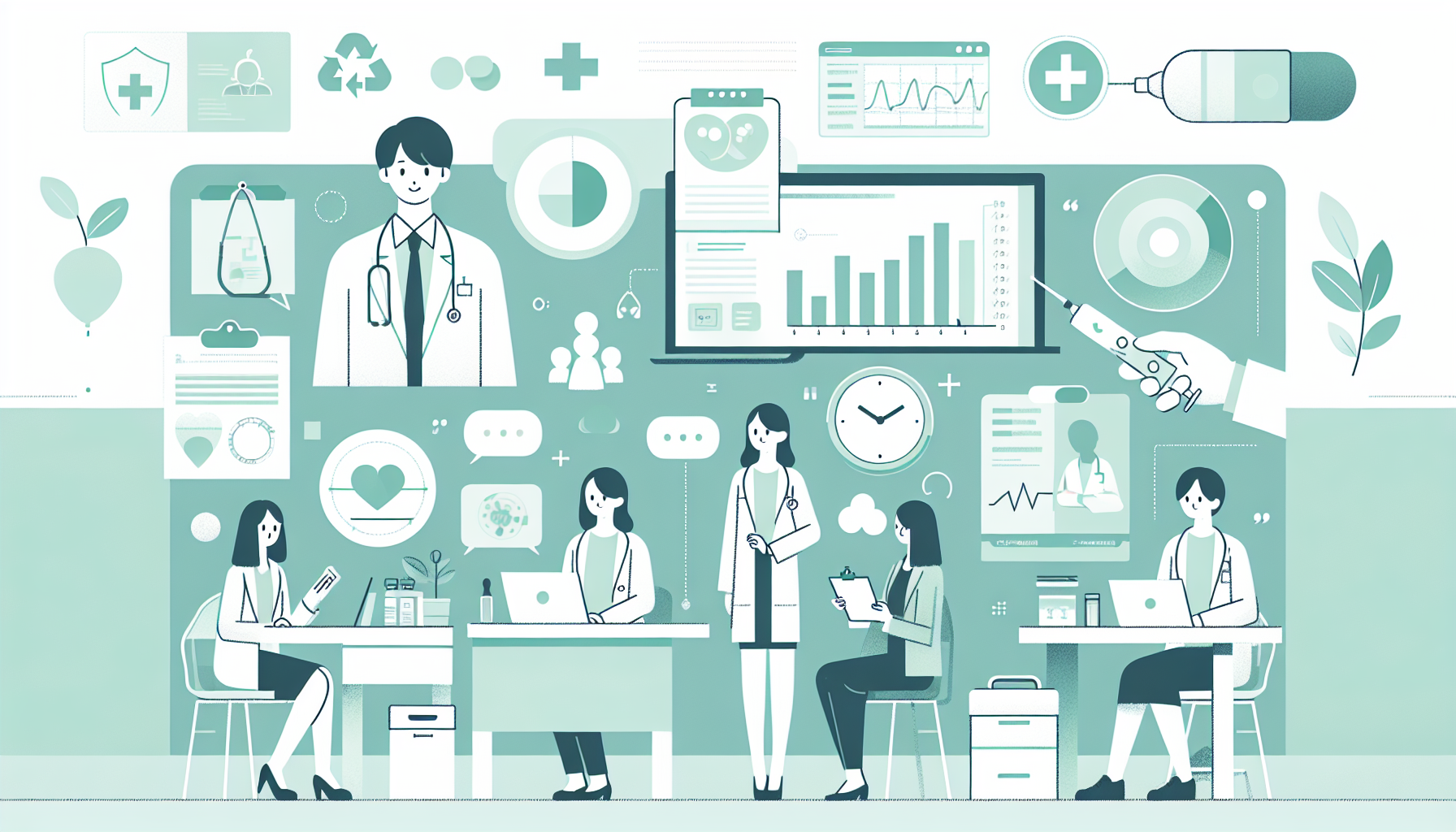 導入クリニックでの診察風景や効果を示すグラフ