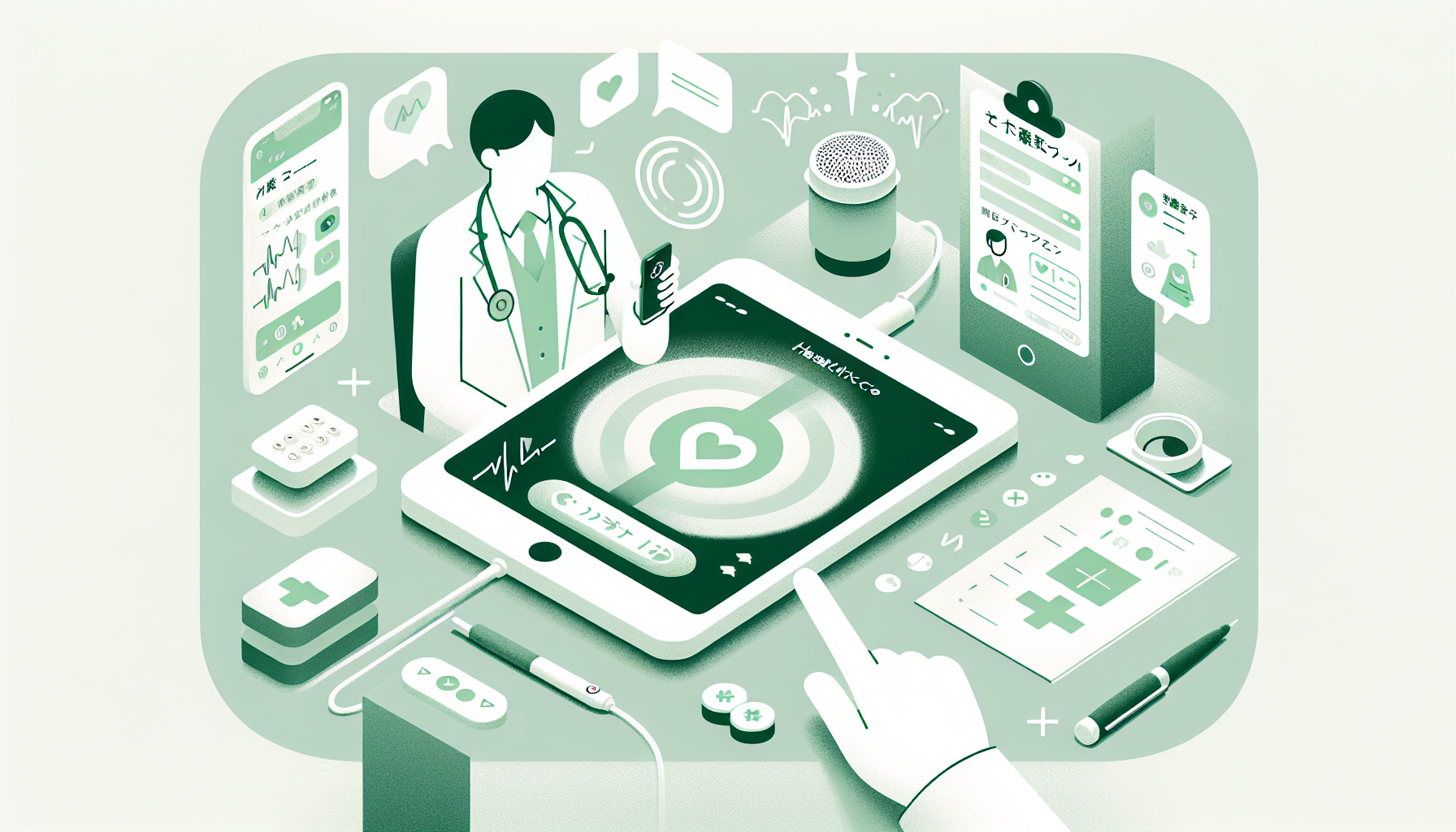 医師が診察中にスマートフォンやタブレットで音声入力を行っている様子